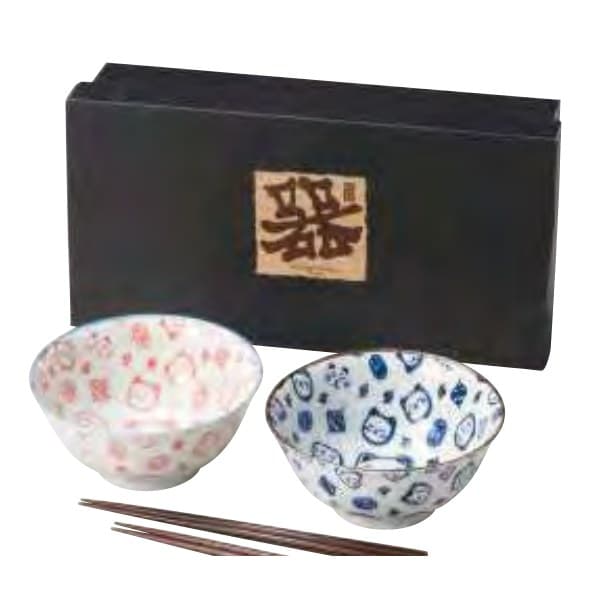 Tachiro Round Cat 4.8-sun Donburi Pair (Blue/Red)