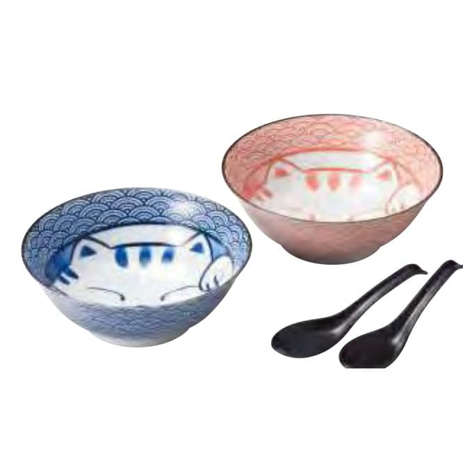 Seigaiha Cat Noodle Bowl Pair (Blue/Red)