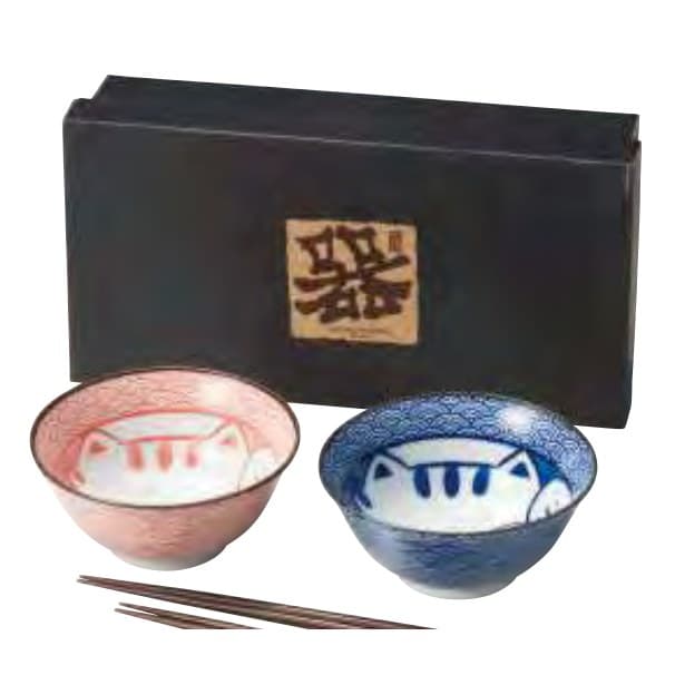 Seigaiha Cat 4.8-sun Donburi Pair (Blue/Red)