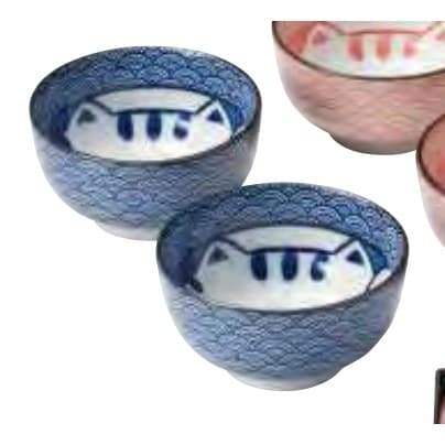 Seigaiha Cat 4.0-sun Okonomi Bowl Set of 4 (Blue/Red)