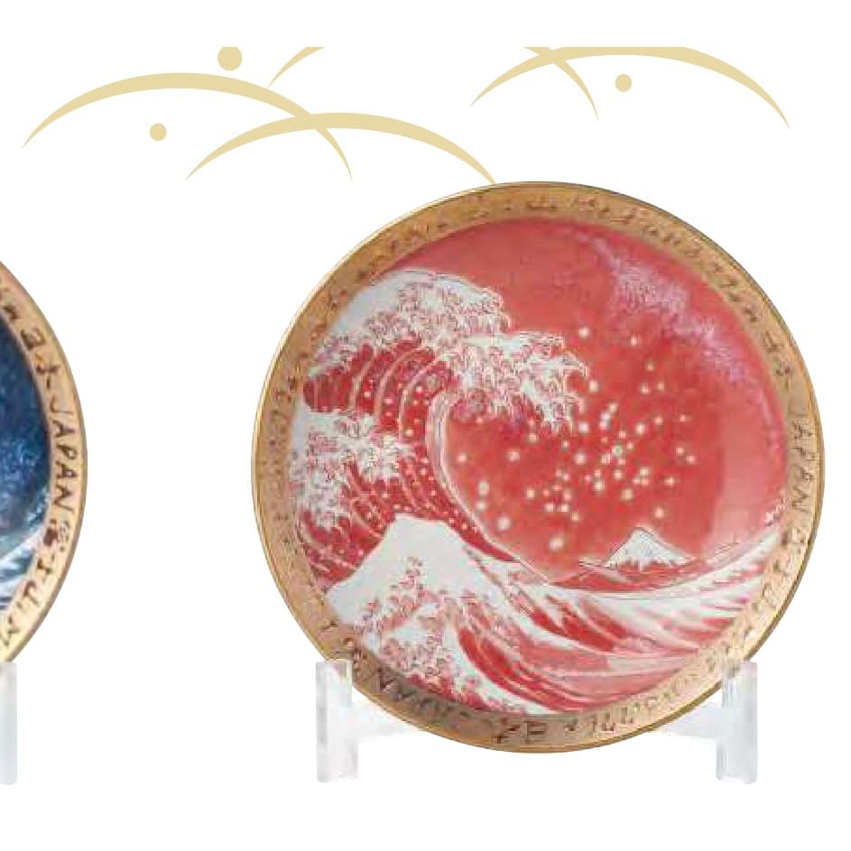 Great Wave off Kanagawa 5-sun Plate (Red) Gold Rim