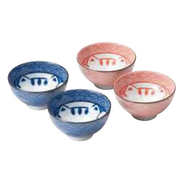 Seigaiha Cat Okonomi Donburi Set of 4 (Blue/Red)