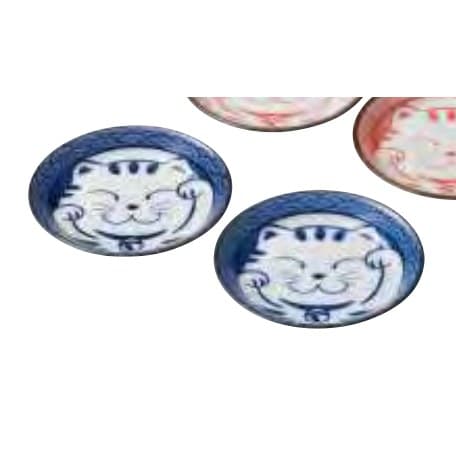 Seigaiha Cat 3.5-sun Plate Set of 4 (Blue/Red)