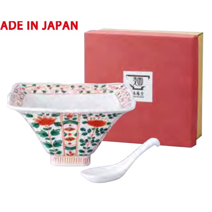 Akae Tachibana Square Ramen Bowl White with Spoon